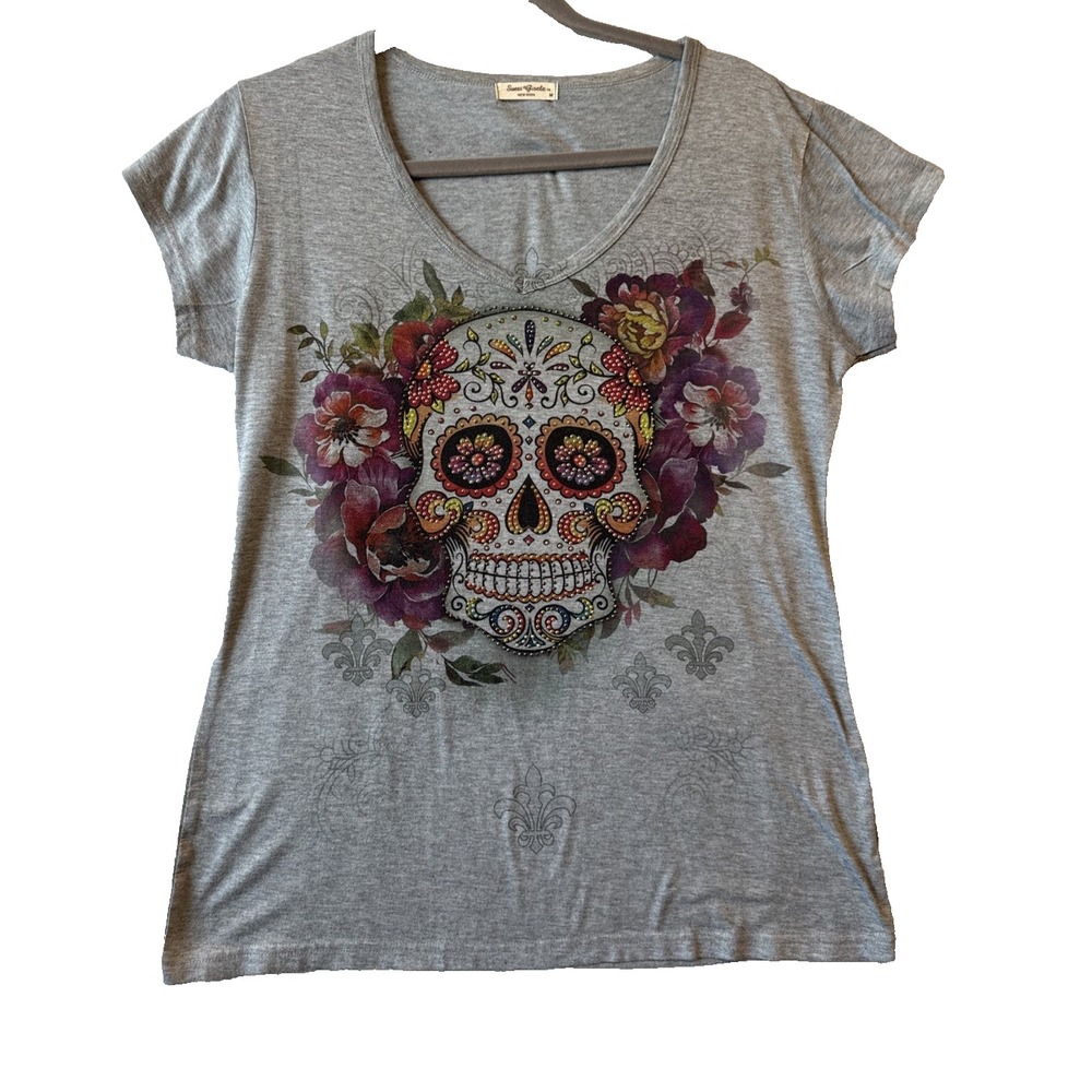 Sweet Gisele Sugar Skull V Neck T Shirt M Rhinestone Graphic Bling Y2K Dead Goth